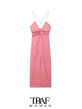 TRAF Женское модное льняное платье Миди с узлом спереди и разрезом спереди, сексуальное женское платье на тонких бретелях с эластичной резинкой без спинки, Vestidos