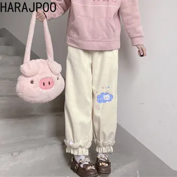 Harajpoo, японские мягкие брюки-труба для девочек, Весна-осень 2023, женские вельветовые повседневные брюки-фонарики с принтом Маленького Медведя