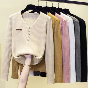 Женские свитера, весна-осень, Вязаные пуловеры с V-образным вырезом, рубашка свободного кроя, Кашемировый модный джемпер, Однотонный розовый свитер