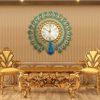 Металлические Красочные Настенные часы с павлином, Роскошные Бриллиантовые Настенные часы в гостиной