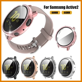 Защитная стеклянная пленка с бриллиантами для Samsung Galaxy Watch Active2 40 мм 44 мм, чехол-бампер для ПК, легкая гальваническая оболочка