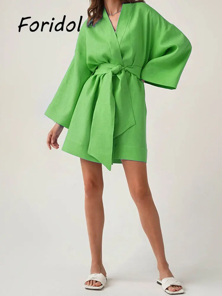 Зеленое свободное платье с запахом, рубашка, халат, Женское платье с длинным рукавом, Осенне-зимнее элегантное повседневное хлопчатобумажное платье, Женская одежда с поясом, Новинка
