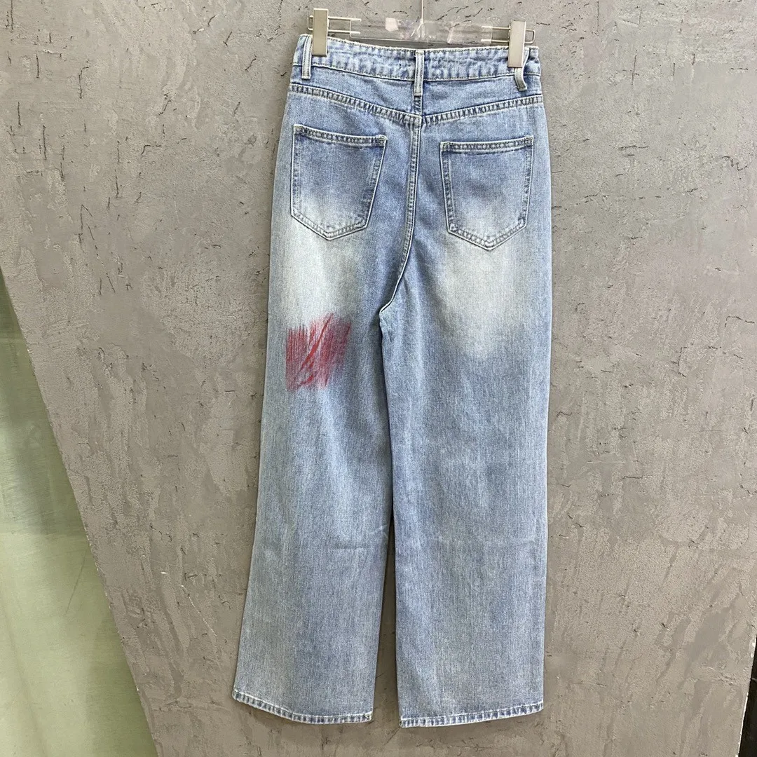 Летние яркие брюки с граффити 2023 года с прямыми штанинами и перфорированными тонкими женскими джинсами, длинные брюки