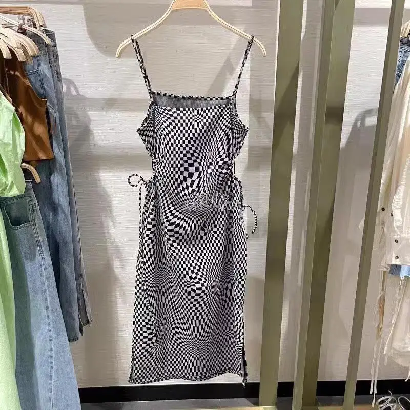 2023 Летнее Милое платье с разрезным поясным ремнем в шахматном порядке для женщин