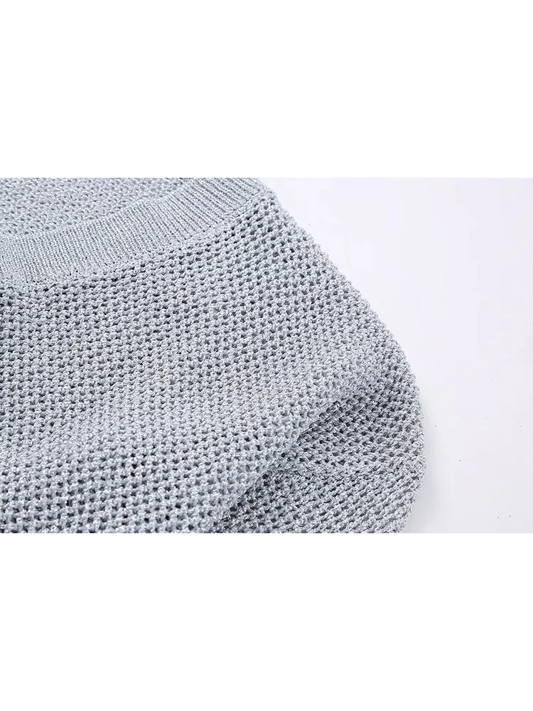 TRAF 2023, Женский вязаный свитер, Модный свитер с длинным рукавом из металлической проволоки, V-образный вырез, весенне-осенний повседневный пуловер, тонкие топы