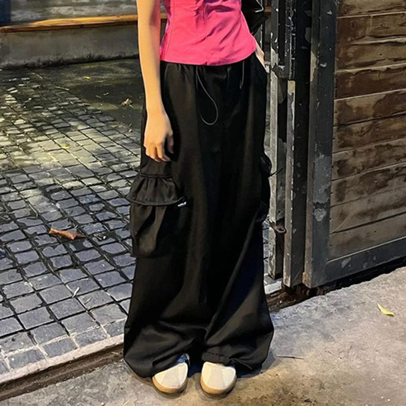 Симпатичная и психологичная уличная одежда Свободные повседневные брюки Harajuku Шикарные однотонные брюки с карманами Винтажные эстетичные женские брюки 90-х годов