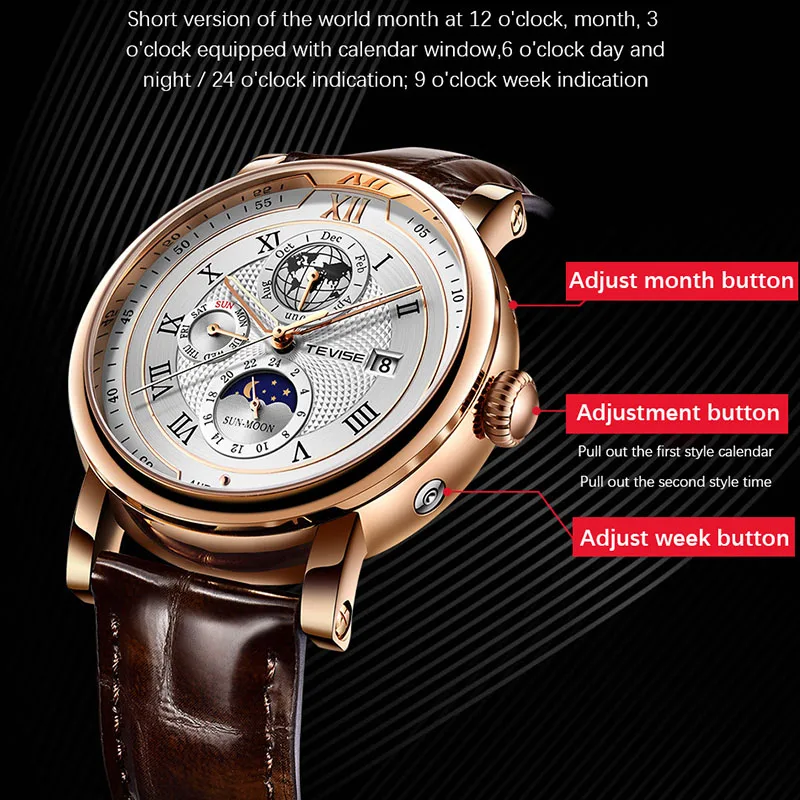 TEVISE 2021 Новые Спортивные Механические часы для мужчин, модные Часы с датой фазы Луны, Водонепроницаемые Автоматические часы, Роскошные Кожаные Мужские часы + коробка