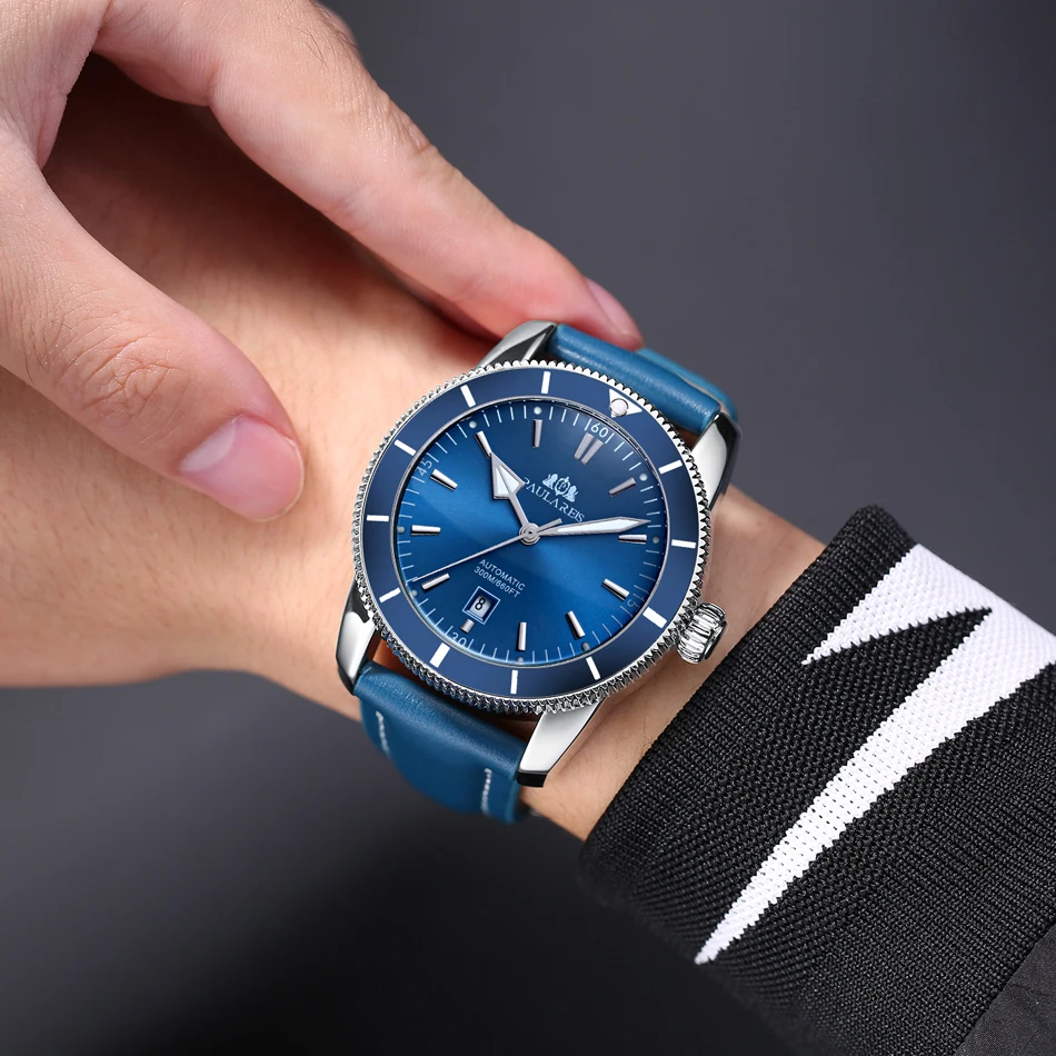 Мужская Автоматическая Механическая сетка с автоподзаводом из нержавеющей Стали, черный, синий Кожаный ремешок, супер Роскошные часы Heritage Big Face 46 мм Ocean Watch
