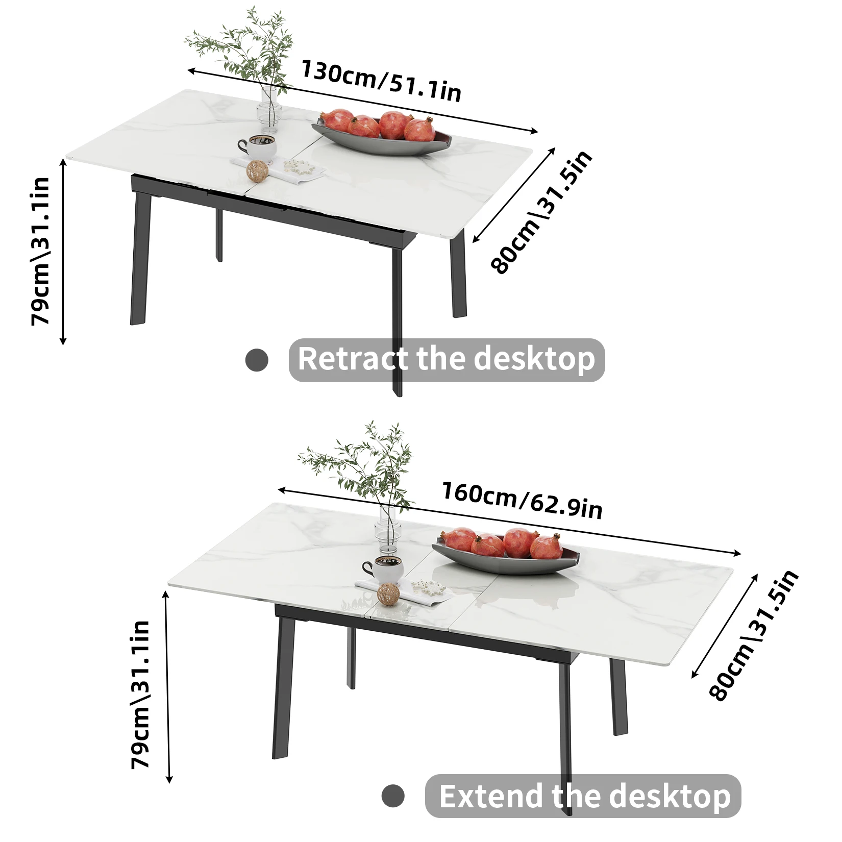 160 см Современный обеденный стол на 6-8 персон Прямоугольный кухонный обеденный стол Компактный Обеденный стол с возможностью расширения Металлический каркас