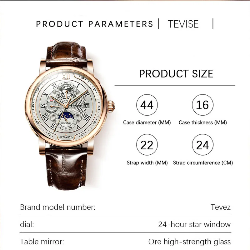 TEVISE 2021 Новые Спортивные Механические часы для мужчин, модные Часы с датой фазы Луны, Водонепроницаемые Автоматические часы, Роскошные Кожаные Мужские часы + коробка