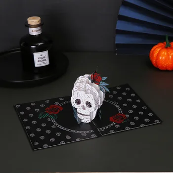 Поздравительная открытка на Хэллоуин 2023 года, всплывающая открытка с 3D-изображением черепа с черным покрытием Happy Halloween