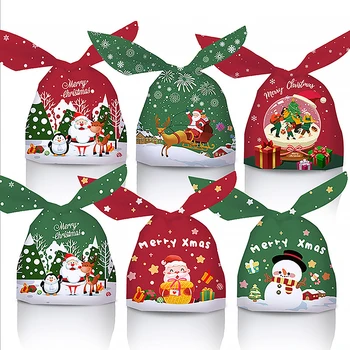 50шт рождественских пакетов для конфет с заячьими ушками, пластиковые пакеты для конфет с мультяшным Санта-Клаусом, Снеговиком, Рождественское печенье, подарки, Упаковочные материалы