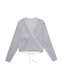 TRAF 2023, Женский вязаный свитер, Модный свитер с длинным рукавом из металлической проволоки, V-образный вырез, весенне-осенний повседневный пуловер, тонкие топы