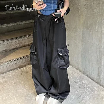 Симпатичная и психологичная уличная одежда Свободные повседневные брюки Harajuku Шикарные однотонные брюки с карманами Винтажные эстетичные женские брюки 90-х годов