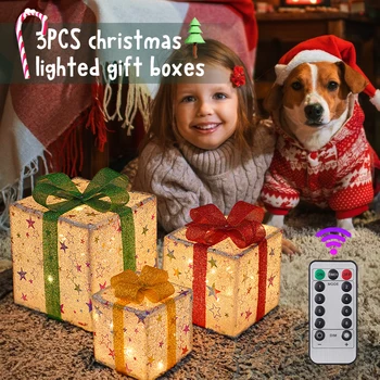 Рождественское украшение, Светодиодная подарочная коробка с бантиками, Светящиеся Подарочные коробки для украшения, Рождественская Осветительная коробка, Рождественская коробка Navidad