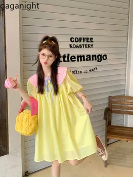 Gaganight Женское платье с кукольным вырезом контрастного цвета и пышными рукавами 2023, Женское летнее Корейское Шикарное платье Vitality Girl Sweet свободного кроя
