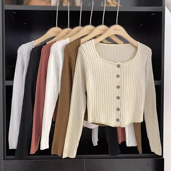 Женский топ однотонного цвета в стиле ретро с квадратным вырезом и длинными рукавами, кардиган, свитер, вязаные топы