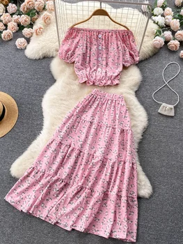 Летний винтажный женский комплект из двух предметов с цветочным принтом, повседневная однобортная короткая блузка с вырезом лодочкой + юбка миди трапециевидной формы с высокой талией.