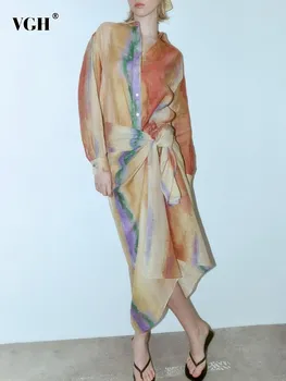 Женский комплект из двух предметов с принтом VGH, однобортная блузка с лацканами и длинным рукавом, юбка в складках с высокой талией, повседневные комплекты женские