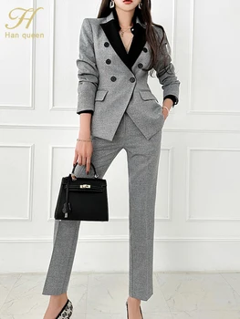 H Han Queen 2023, Осенне-зимний Корейский комплект из 2 предметов, женский контрастный блейзер и простые брюки, повседневный простой профессиональный брючный костюм