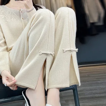 Новые кашемировые трикотажные широкие осенне-зимние женские прямые брюки средней длины с высокой талией и тонкой шерстью снаружи.