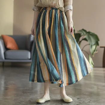 Богемная хлопковая льняная юбка Ramie с эластичным поясом, длинная юбка в полоску, женская весенне-летняя тонкая юбка