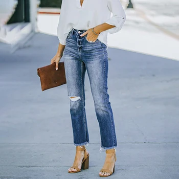 Новые женские джинсы с высокой эластичностью уличного синего цвета, прямые, темпераментные, облегающие