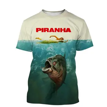 Летняя мужская футболка с 3D-принтом Piranha с коротким рукавом, уличный тренд, ретро-футболка, креативный свободный топ Harajuku, высокое качество