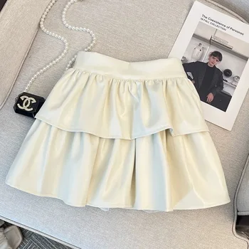 Однотонная Тонкая Плиссированная Мини-кожаная юбка Fluffy Cake, женская новинка 2023, осень-зима, ретро-юбка трапециевидной формы, женские короткие юбки с высокой талией