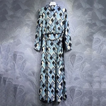 Женские платья 2023, Новая Корейская мода, Геометрический принт, Длинная юбка на шнуровке, стоячий вырез, приталенный топ с длинным рукавом