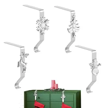 Рождественские крючки для чулок, 4 шт., Рождественские вешалки для чулок для камина, Металлические вешалки для чулок с изображением Санта-Снеговика Лося