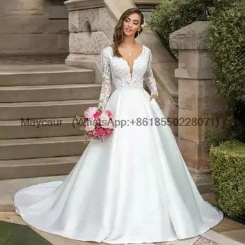Винтажное атласное свадебное платье невесты, женское свадебное платье с V-образным вырезом и карманами, с длинными рукавами и пуговицами сзади, Vestido Noiva Boho