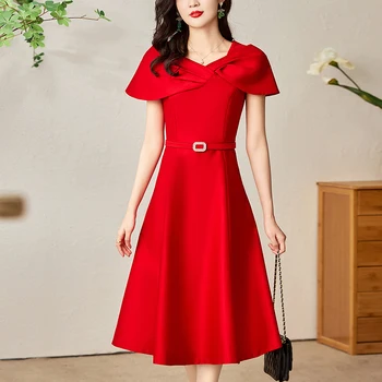Элегантные вечерние платья для женщин 2023, летнее красно-черное платье с коротким рукавом, женская одежда трапециевидной формы, однотонное модное женское длинное платье