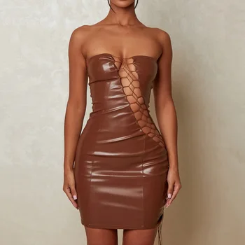 Сексуальные мини-платья из искусственной кожи с вырезами для женщин 2023, новинка, без бретелек, без рукавов, с открытой спиной, облегающее вечернее платье, модное короткое платье в стиле хип.