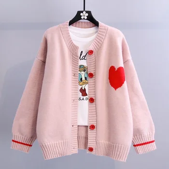 Кардиган Sweet Sweate с рисунком в виде сердечка, пальто с длинным рукавом, Однобортный свитер с V-образным вырезом, женские топы эластичной вязки в Японском стиле