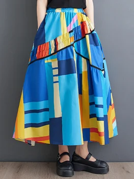 Лоскутная юбка контрастного цвета с винтажным принтом и высокой талией, Женская Летняя новинка, Корейская мода, Свободные Повседневные Длинные юбки, Одежда 2023 года.