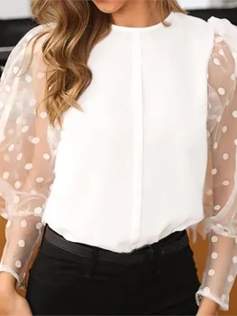 Модная элегантная кружевная рубашка с круглым вырезом и рукавом-фонариком в горошек, Женская Повседневная осенняя однотонная блузка, Новые женские офисные топы, рубашка