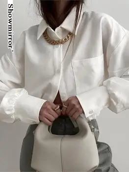 элегантная женская футболка, укороченный топ, Белая блузка С большим карманом, Укороченная футболка с длинным рукавом И рюшами, Офисная женская Одежда, Осенний топ, Футболка