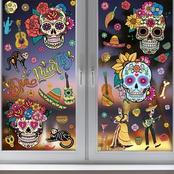 Мексика, День мертвых, Фестиваль черепов, Украшение атмосферы, Наклейка на стеклянное окно, Статический ужас, Декор на День Хэллоуина 2023