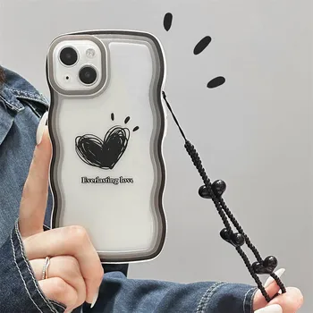 Чехол-Шнурок Black Pearl Love для iPhone 14 13 12 11 Pro Max 14Plus X XS XR XS MAX 7 8 Plus SE2 2020 С Волнистым Рисунком Мягкий Чехол