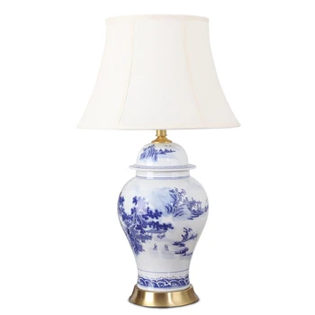 Китайская простая ваза Керамическая настольная лампа Классическая синебелая фарфоровая скатерть Декор для спальни гостиной LED E27 Настольное освещение