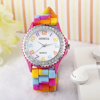 Силиконовые часы камуфляжного цвета Радужного цвета, Силиконовые часы, инкрустированные бриллиантами, Персонализированные повседневные часы
