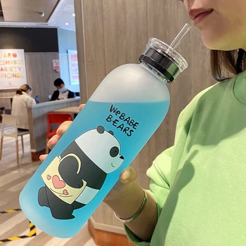 Матовая чашка с изображением медведя панды, бутылки для воды объемом 1000 мл с соломинкой, герметичный протеиновый шейкер