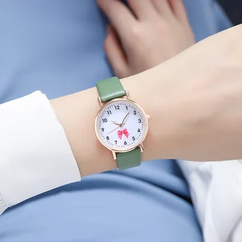 Модный минималистичный бант Женские кожаные кварцевые часы Классические винтажные стрелки с арабскими цифрами Женские часы Relojes Para Mujer