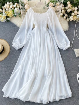 Новые весенне-осенние женские элегантные праздничные платья с пышными рукавами и вырезом лодочкой, белые шифоновые платья с открытыми плечами