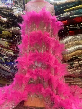 Высококачественная роскошная подиумная Французская Сетка, расшитая бисером из перьев, кружевная ткань в африканском стиле с блестками для свадебного платья