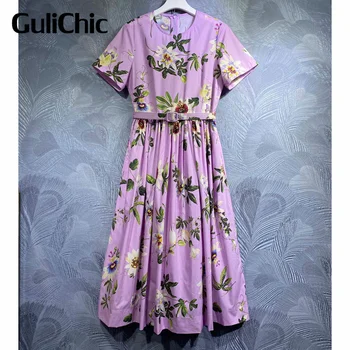 6.8 GuliChic Высококачественный 100% хлопок, круглый вырез, Короткий рукав, Цветочный Принт, пояс, сбор талии, Элегантное Женское платье
