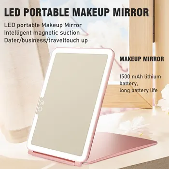 Портативное зеркало для макияжа со светодиодной подсветкой, перезаряжаемое через USB с литиевой батареей емкостью 1500 мАч, Зеркало для макияжа с сенсорным экраном с затемнением