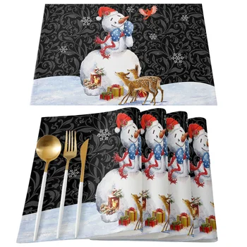 Рождественский коврик со Снеговиком и Оленем, декор Праздничной кухни, Обеденный стол, Салфетка для столовых приборов, декор Свадебной вечеринки, Салфетка для стола