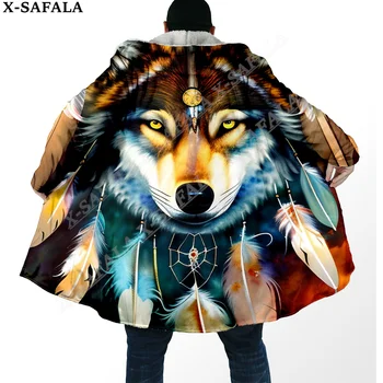 Плащ мечты с 3D принтом Native Dream Catcher Wolf Art Moon, толстое теплое мужское пальто с капюшоном, Ветрозащитная флисовая накидка, халат, одеяло-2